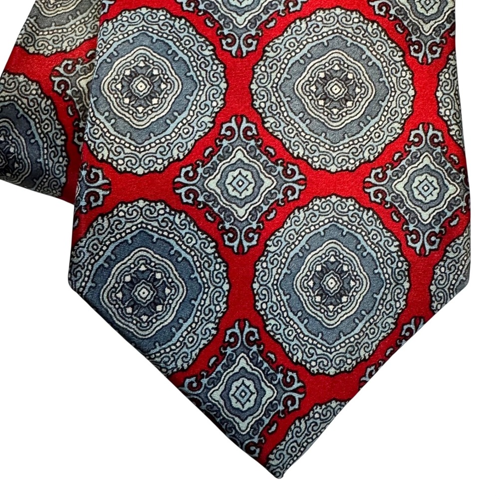 Bert Pulitzer Tie Mens One Size Red Grey Medallion Geometric Silk Classic Vtg